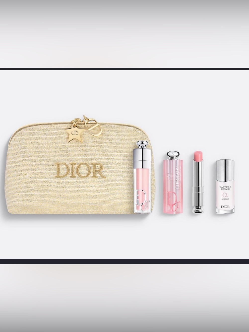 Dior Lip Set with Soft Pink Balms and serum and Gold Shimmer Pouch